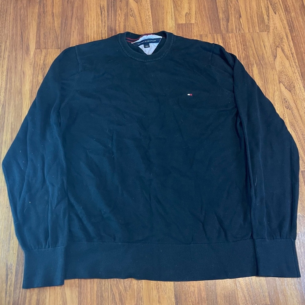 Tommy Hilfiger Mens Large Black Pima Cotton Crewneck Sweater Knit Pullover Logo